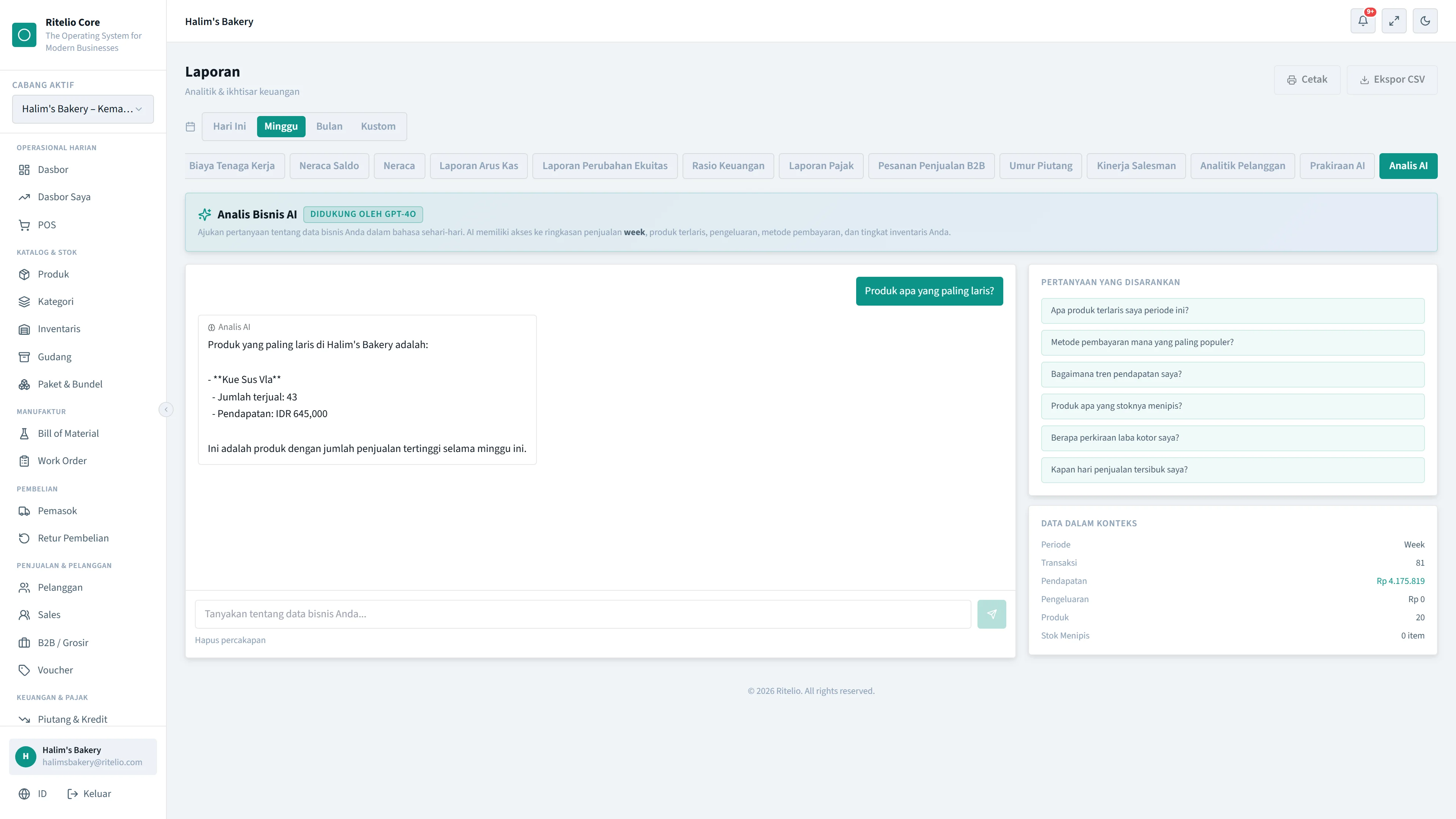 Ritelio Core AI assistant answering a plain-language question about best-selling products